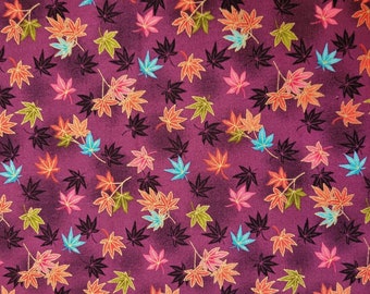 Makower | Hikari | Maple Leaves | Purple background | Multicoloured leaves | 100% Cotton | Dressmaking | Quilting | Crafting