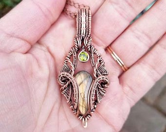 Intricate Copper Wire Weave Pendant | Natural Labradorite Gemstone Crystal | Artisan Handmade Necklace | Gift for Her | Statement Necklace