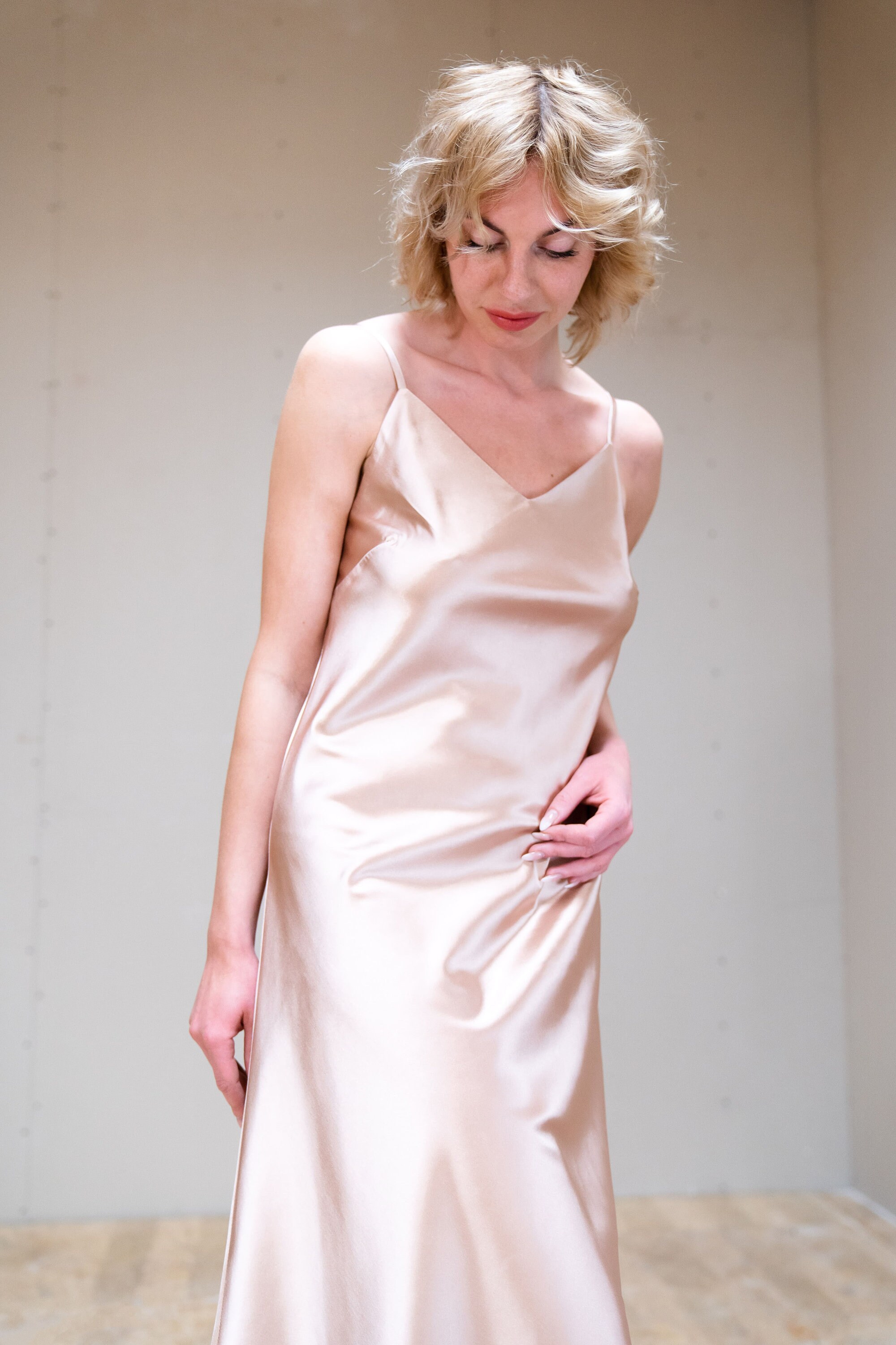 Midi Slip Dress in Many Colors Beige Dress Nude Dress Midi Length Slip Dress  V Neck Silk Satin Date Dress Wedding Guest Dress Bias Cut - Etsy