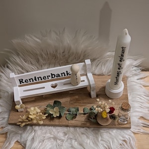 Rentnerbank, Geschenk Rente, personalisiert Rente, Kerze Rente, Wunscherfüller Rente, Ruhestand Geschenk, Raysin, Trockenblumen