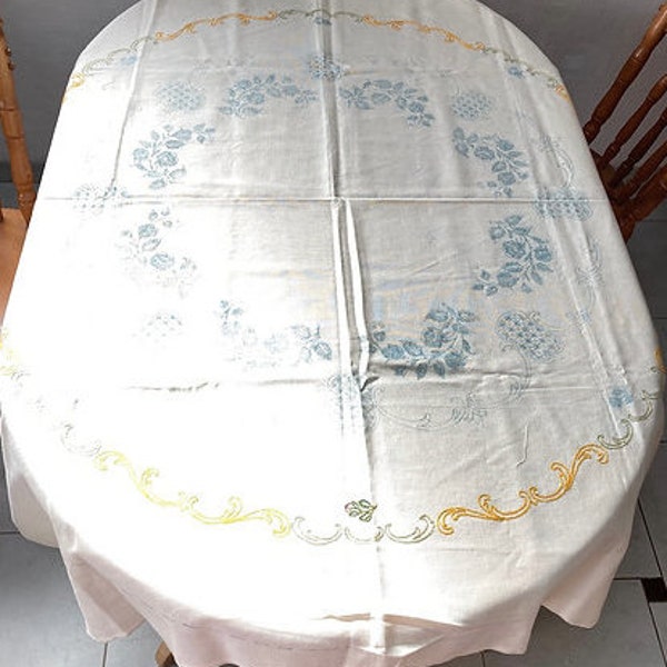 Tablecloth ready to embroider WITHOUT the cotton spools reclaimed supply for crafting the work had been started The Sausage Crafts