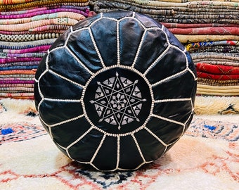 Pouf ottoman couleur noire rond 100% cuir véritable, pouf rond, pouf marocain, pouf pour dortoir, pouf pour chambre d'enfant