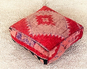 Moroccan Kilim Pouf, Floor Pouf, Vintage Moroccan Ottoman,   Beni Ourain Square Pouf, Yoga Meditation Cushion, Outdoor Red Kilim Pillows