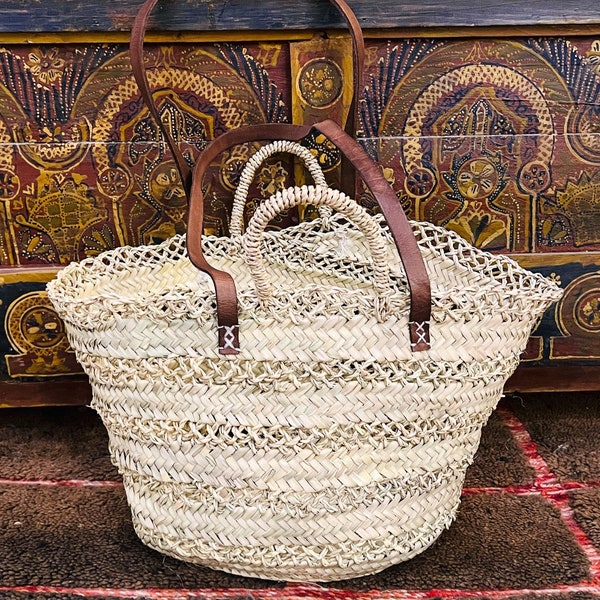 straw bag French Basket french market basket, Beach Bag Handmade Moroccan Basket - Natural French Basket Handle leather