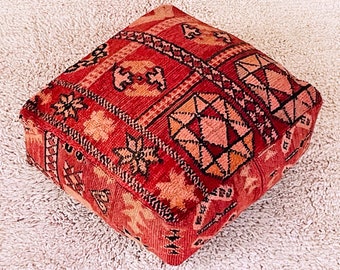 Gorgeous Moroccan Berber POUF, BOUJAAD Vintage Style, Red hue, Wool Boho Floor Cushion, Morrocan Ottoman, beni ourain floor pillow