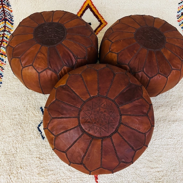 SET OF 3 Moroccan leather pouf, Moroccan Ottoman pouf, moroccan pouffe Dark brown, Moroccan vintage, pouf