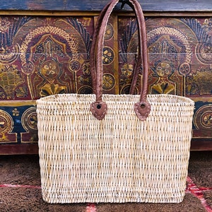 straw bag Handmade French Basket Moroccan Basket french market basket, Beach Bag, Natural Basket long Flat Leather Handle