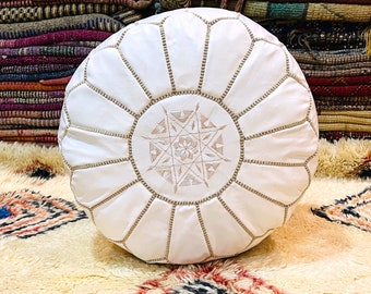 Amazing Moroccan leather pouff ottoman genuine soft leather Pouf, handmade Moroccan Leather Pouff, White Round Ottoman Pouf