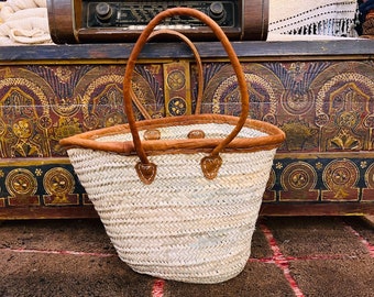 straw bag French Basket french market basket, Beach Bag Handmade Moroccan Basket - Natural French Basket Handle leather
