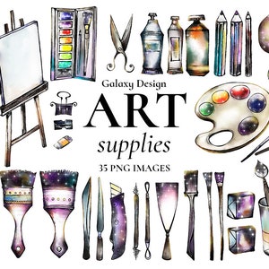 Watercolor art supplies clipart, paint brush, paint, canvas graphics back  to school craft png commercial use