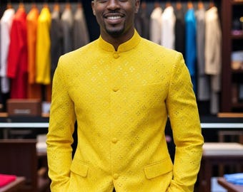 Embroidered Yellow Jodhpuri Jacket: Indian Wedding Bandhgala Suit