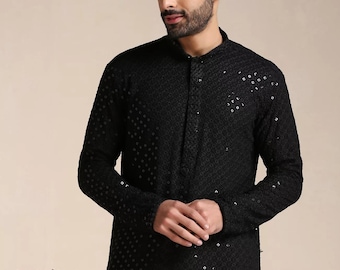 Men's Black Cotton Chikankari Kurta Pajama: Mirror Work Wedding Wear
