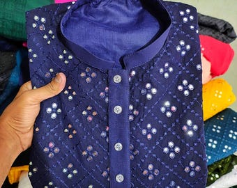 Blaues Chikankari Kurta Pyjama Set: Spiegelarbeit Indisches Hochzeitsoutfit
