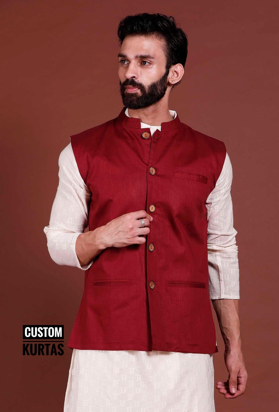 Men'S Maroon Printed Nehru Jacket main image 1