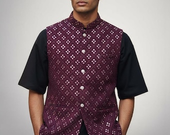 Maroon Mirror Embroidered Nehru Jacket: Indian Modi Vest