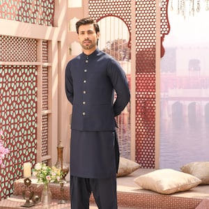 Stylish Nehru Jacket for Men | Indian Vest for Men | Navy Blue Nehru Jacket in Navy Blue Shalwar Kameez | Designer Trendy Nehru Modi Jackets