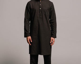 Men's Black Linen Kurta Pajama Set: Custom Ethnic Clothing