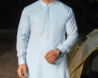Sky Blue Cotton Kameez Shalwar: Pakistani Mens Suit