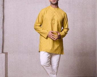 Men's Natural Yellow Linen Kurta: Thigh Length Long Sleeve Shirt