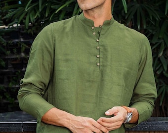 Pure Linen Short Kurta Shirt: Green Wood Button, Handmade