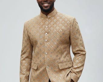 Embroidered Beige Jodhpuri Jacket: Indian Wedding Bandhgala Jacket