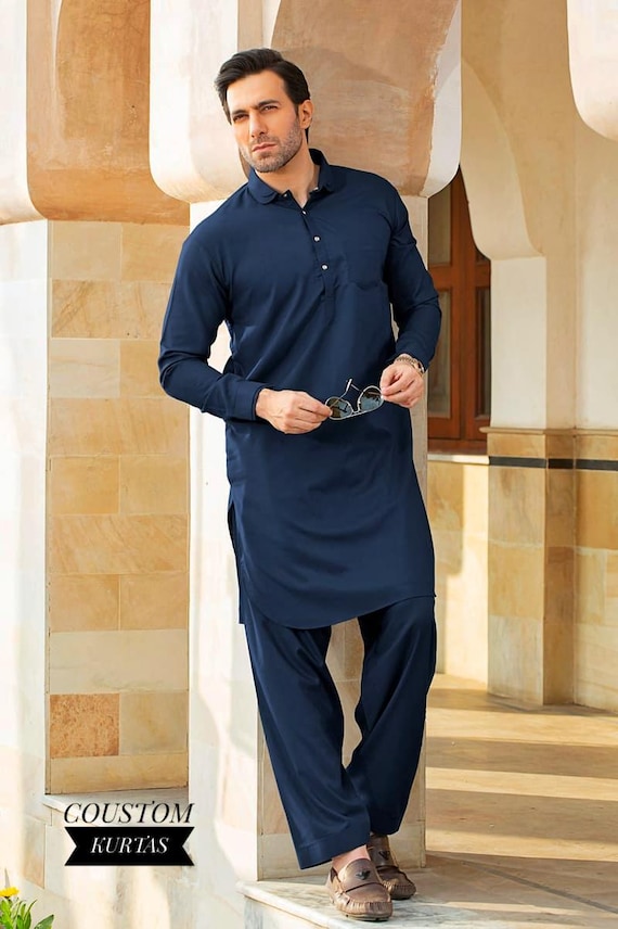 Blue Navy Men's Kurta Pajama Set: Indian Pakistani Shalwar Kameez