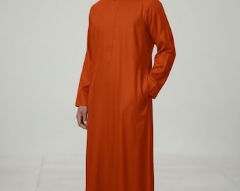 Man Orange Arabic Dubai Islamic Clothing Men's Thawb Jubba Qamis Long Sleeve Ethnic Thobes