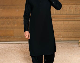 Slim Fit Black Cotton Men's Kameez Shalwar: Pakistani Tunic