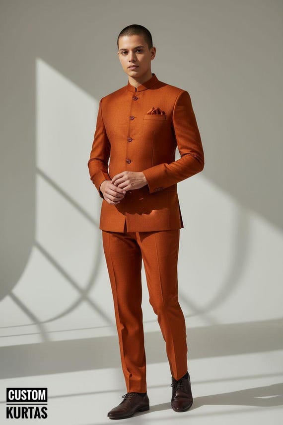 Orange Cotton Jodhpuri Suit: Men's Nehru Jacket, Wedding Waistcoat