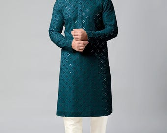 Teal Blue Georgette Embroidered Kurta & White Silk Pajama for Man