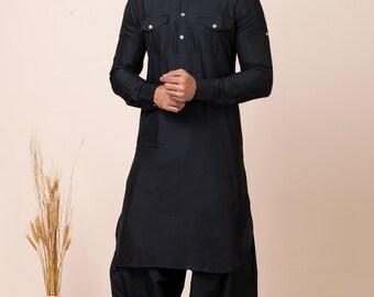 Royal Kurta Abito Pathani Uomo 38 Nero - Casual Con Ricamo Al Collo, Misto Cotone Senza Pieghe - 5