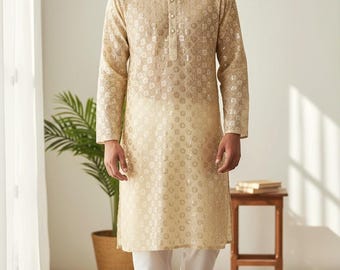 Men's Beige Sherwani Style Custom Made Pure Sequence Kurta Pajama Set - All Sizes Available