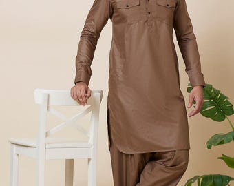 Brown Cotton Pathani Kurta Shalwar: Pakistani Men's Suit Set