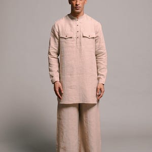 Beige Linen Kurta Pajama Set: Men&#39;s Pathani Style