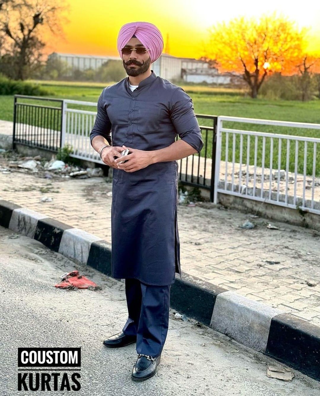 Punjabi Style Black Kurta Pajama Matching Turban Indian Wedding