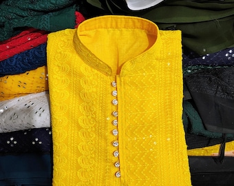 Yellow Chikankari Kurta Pajama Set: Paisley Georgette, Mirror Work