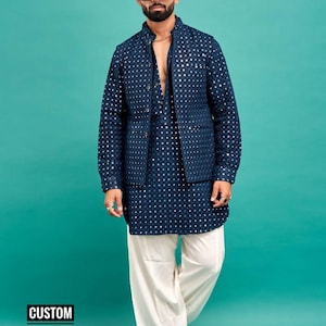 Teal Blue Nehru Jacket | Mirror Work Nehru Jacket in Teal Blue Kurta Set | Indian Wedding Designer Suits for Men | Stylish Jackets & Coats