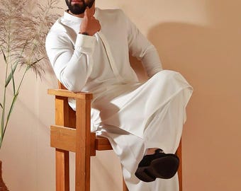 White Cotton Shalwar Kameez: Slim Fit Men's Suit