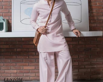 Light Pink Cotton Kurta Pajama Set: Indian Stand Collar Outfit