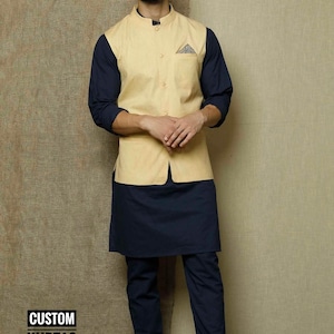 Cream Solid Nehru Jacket | Men Navy Blue Kurta in Navy Blue Pajama | Indian Wedding Men&#39;s Nehru Jacket | Party Wear Suits | Modi Jacket