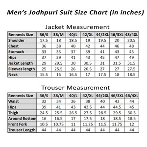 May include: A size chart for men's Jodhpuri suits, displaying jacket and trouser measurements in inches. The chart includes sizes from 36/S to 48/4XL, detailing shoulder, chest, stomach, hips, jacket length, sleeve length, neck, waist, thigh, and trouser length.
