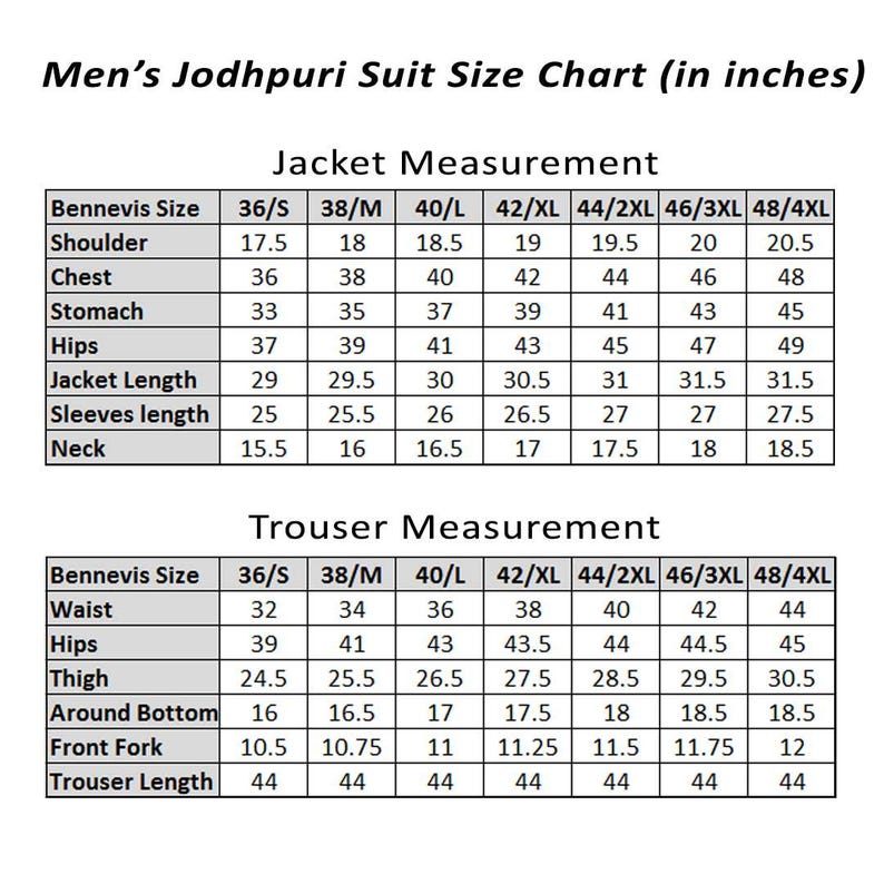 May include: A size chart for men's Jodhpuri suits, displaying jacket and trouser measurements in inches. The chart includes sizes from 36/S to 48/4XL, detailing shoulder, chest, stomach, hips, jacket length, sleeve length, neck, waist, thigh, and trouser length.