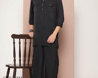 Conjunto Pathani de rayón negro para hombre: traje de pijama Kurta