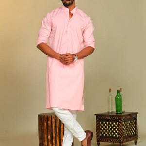Men&#39;s Light Pink Kurta Pyjama | Button Down Kurta | Light Pink Kurta Sets| Long Sleeve Kurta Pajama | Formal Wear | Pure Cotton Kurta Pajama
