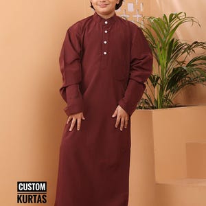 Maroon Cotton Thobe for Boys: Pakistani Jubba, Mandarin Collar