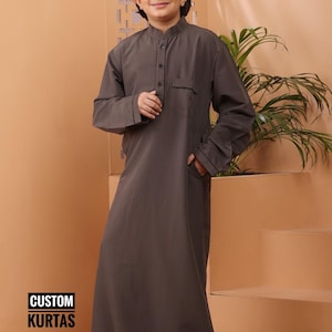 Brown Thobe for Kids | Omani Full Sleeve Jubba | Boys Cotton Stand Collar Neck Simple Thobe | Kids Boys & Men&#39;s Solid Thobe Jubba