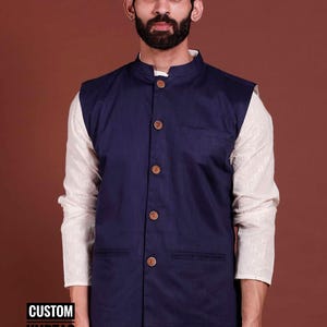 Navy Blue Nehru Jacket: Men&#39;s Indian Ethnic Waistcoat