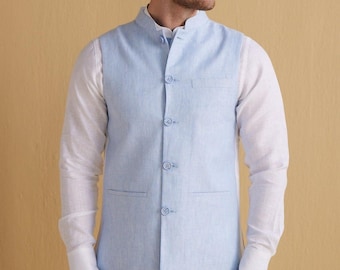 Light Blue Nehru Jacket: Indian Ethnic Sleeveless Waistcoat