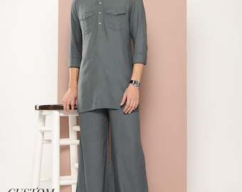 Men's Gray Rayon Pathani Suit Set: Bell-Bottom Pajama