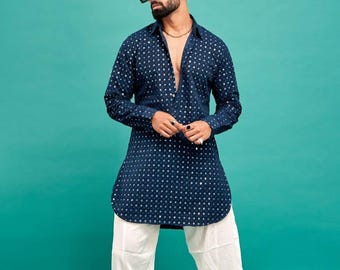 Teal Blue Mirror Work Kurta: Men's Chikankari Shalwar Kameez